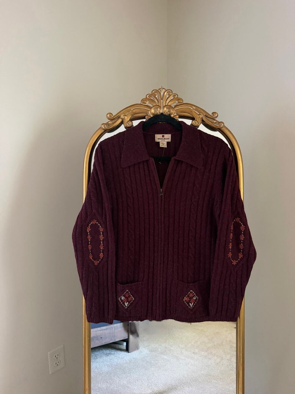 Vintage Woolrich Wool Black Cherry Maroon Floral Embroidered Full Zip Sweater